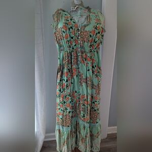 Dress, Boho Green Floral Maxi